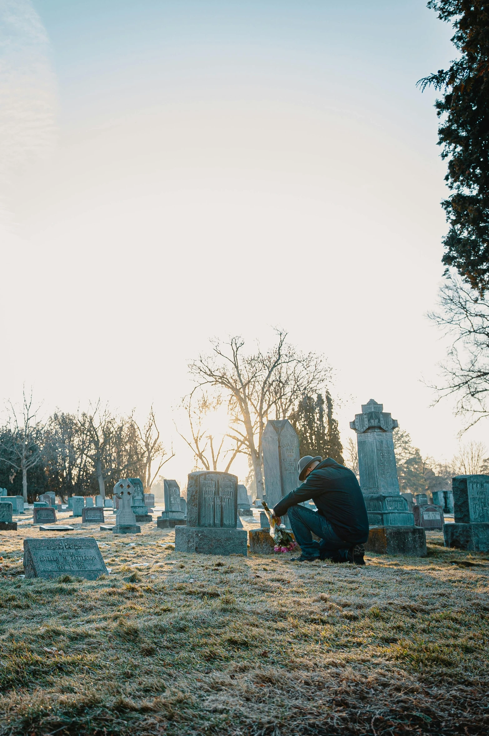 a person squatting down in a cemetery near a tree