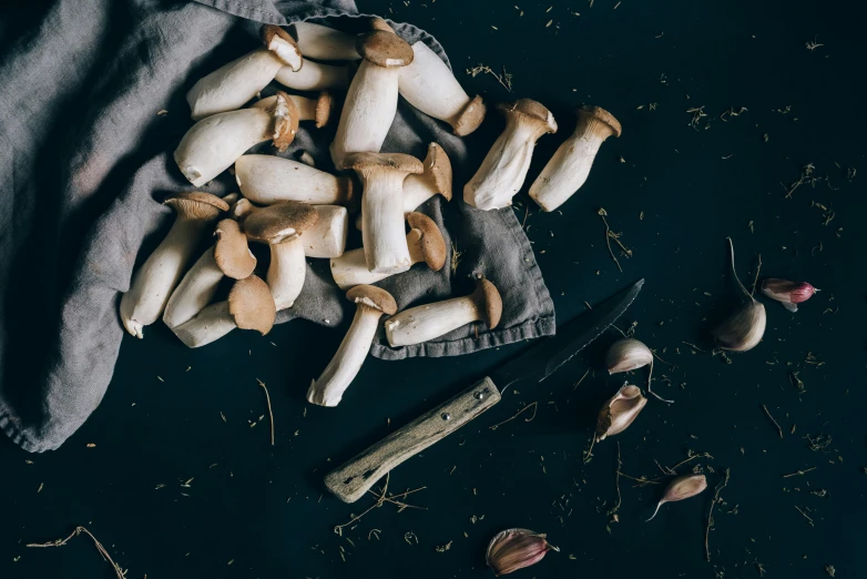 sliced mushrooms on a cloth and garlic sticks on a table