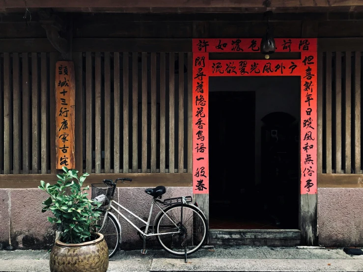 a bicycle leaning against a door and flower pot