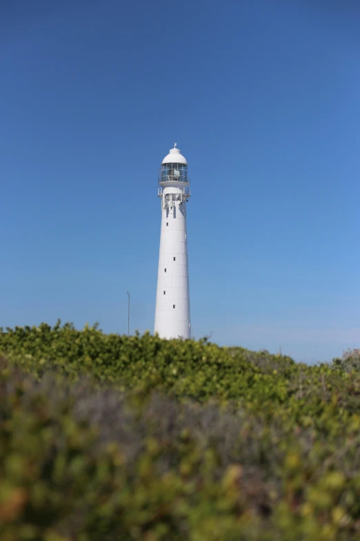 a tall lighthouse on the top of a grassy hill