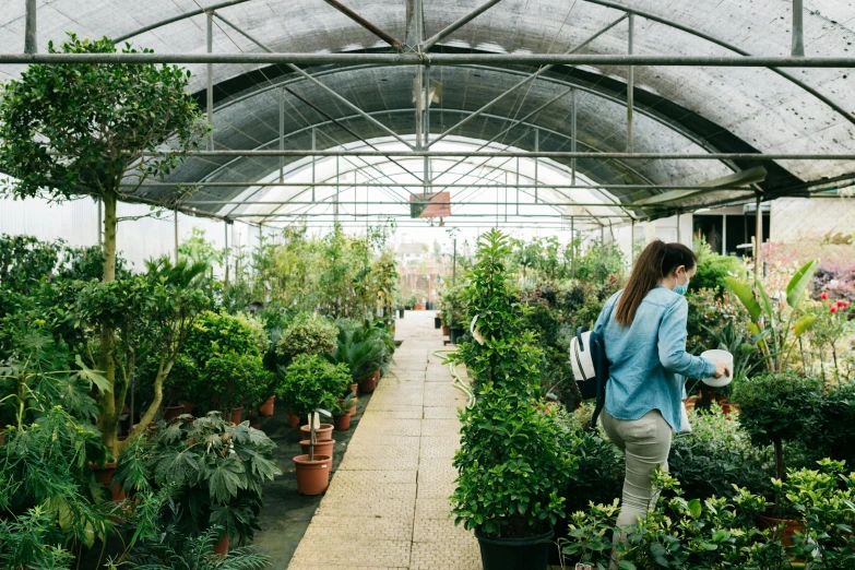 a woman is standing outside of a greenhouse filled with potted plants