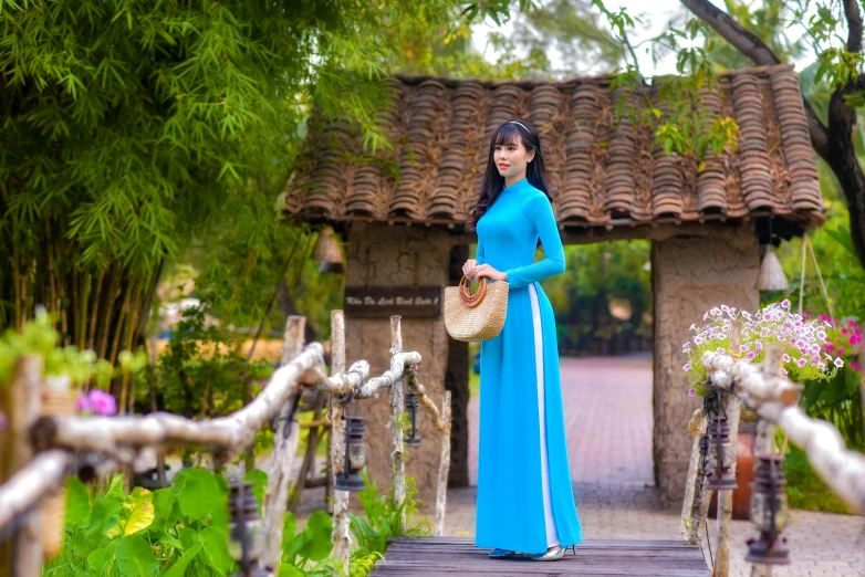 a woman wearing a blue dress and carrying a basket