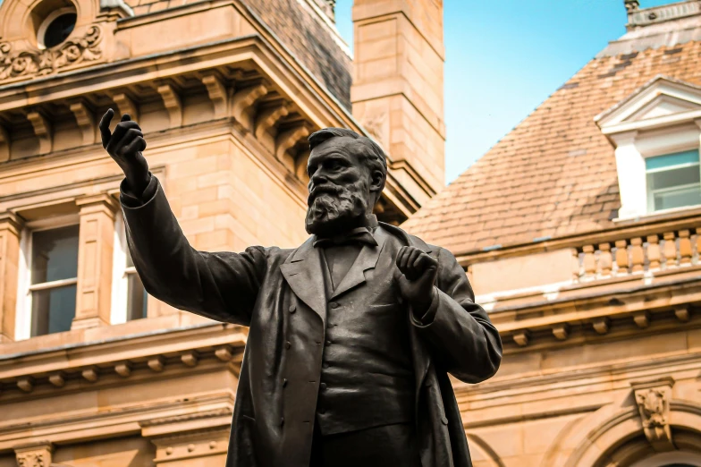 a statue of aham lincoln stands outside the building