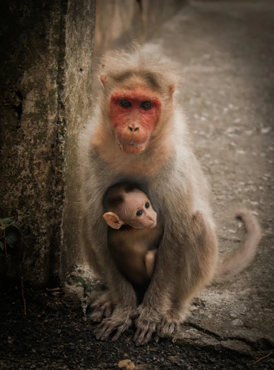 a monkey sitting on top of another monkey under a tree