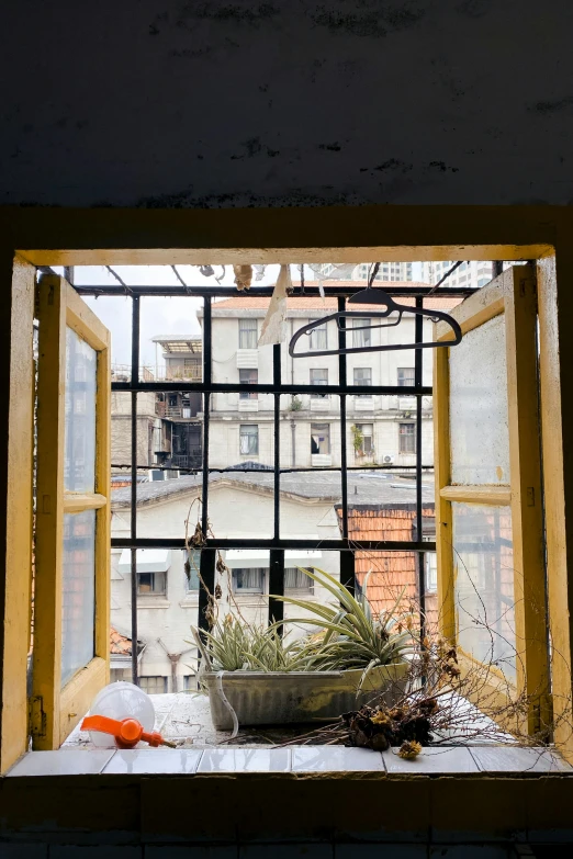 a window with a large grill in front of a building