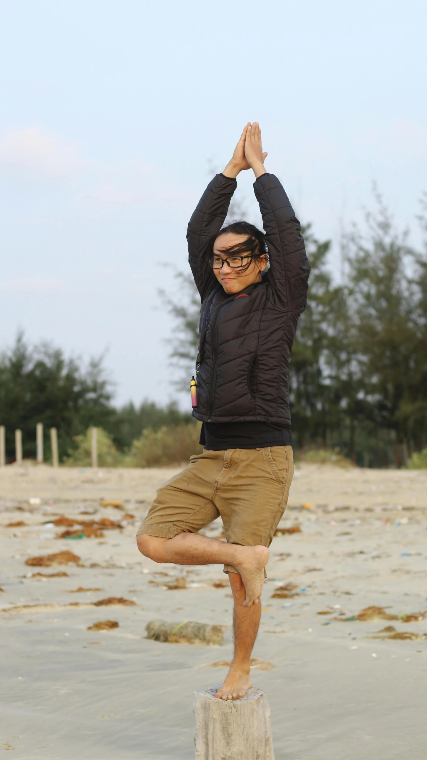 a person is doing a standing pose on top of a stump