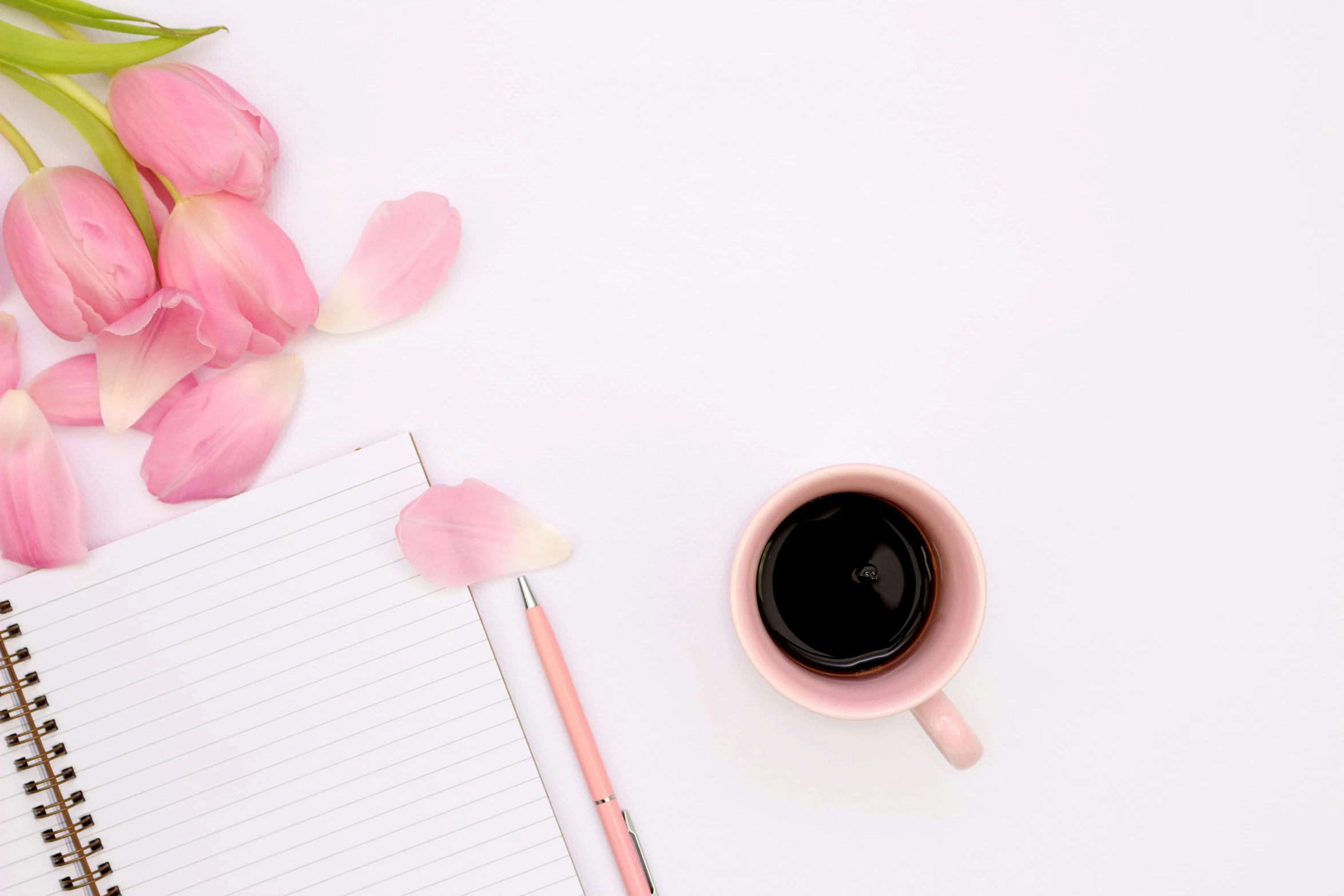 coffee cup on white table surrounded by pink tulips