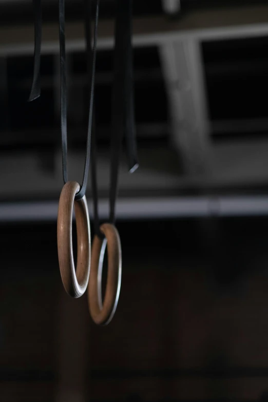 three wooden rings hanging from a wire