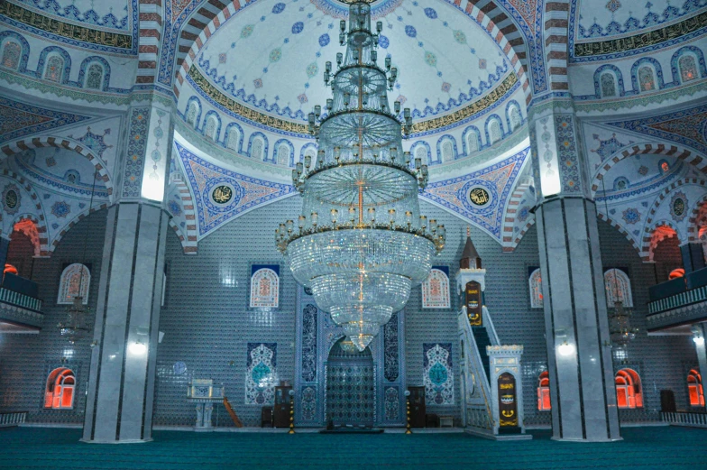 ornately painted ceiling and blue tile details in an oriental building