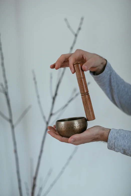 a woman holds up a silver cup and bamboo stick