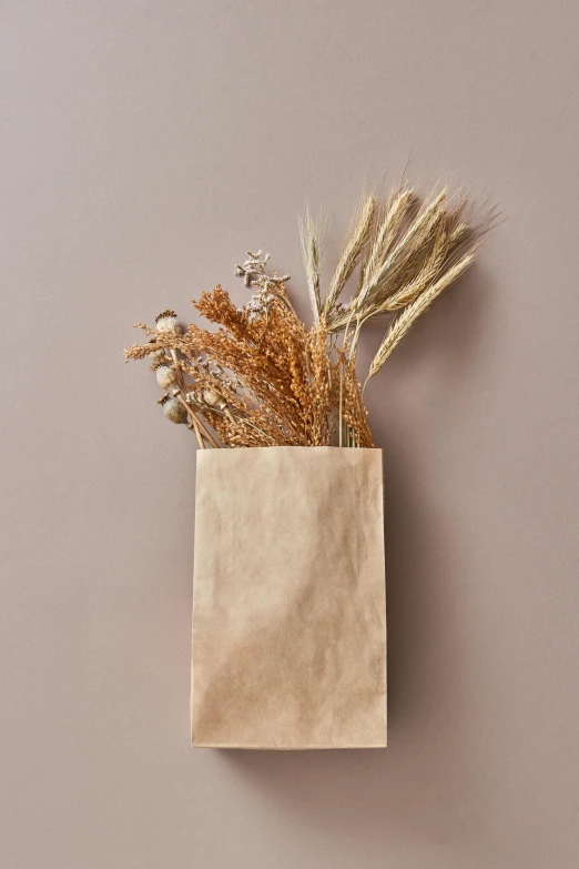 a bunch of dried flowers in a small bag