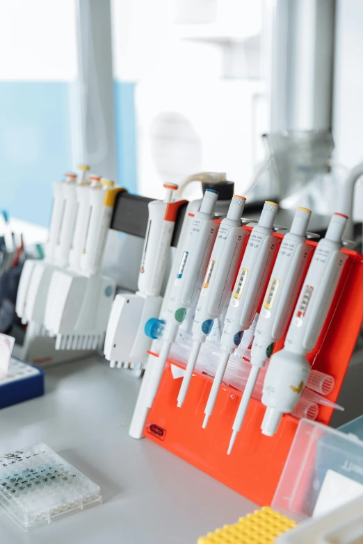 several different colors and size toothbrushes sitting on a plastic holder