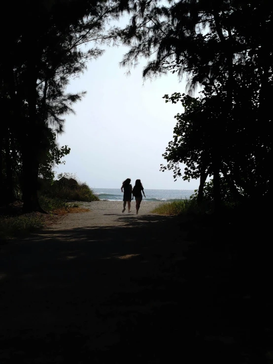 two people walking on a path toward the water