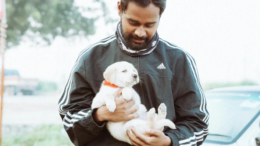 a man is holding a puppy who is on his back