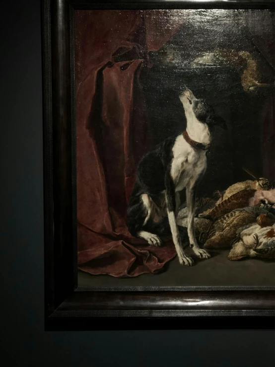 a painting of a dog sitting on top of a table