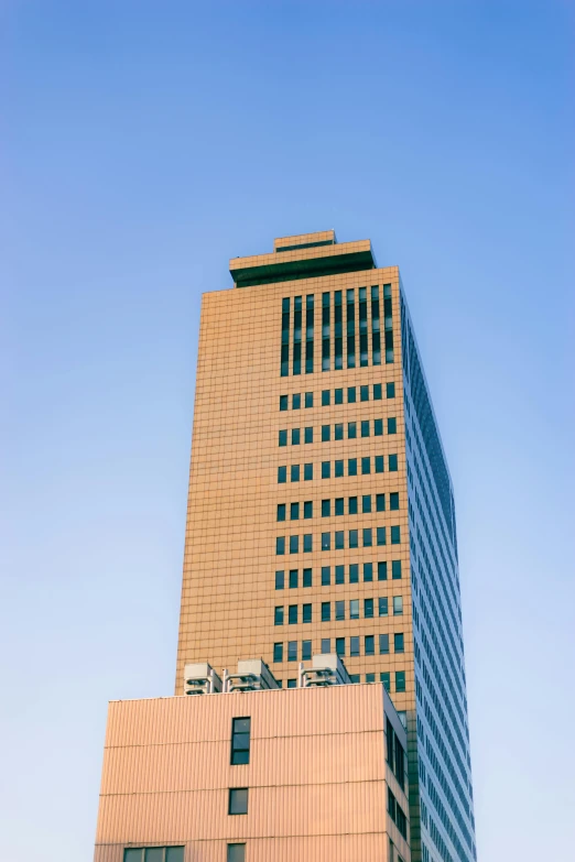 a tall building stands out from the city skyline