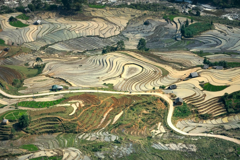 a wide view of a patchwork landscape with a mountain