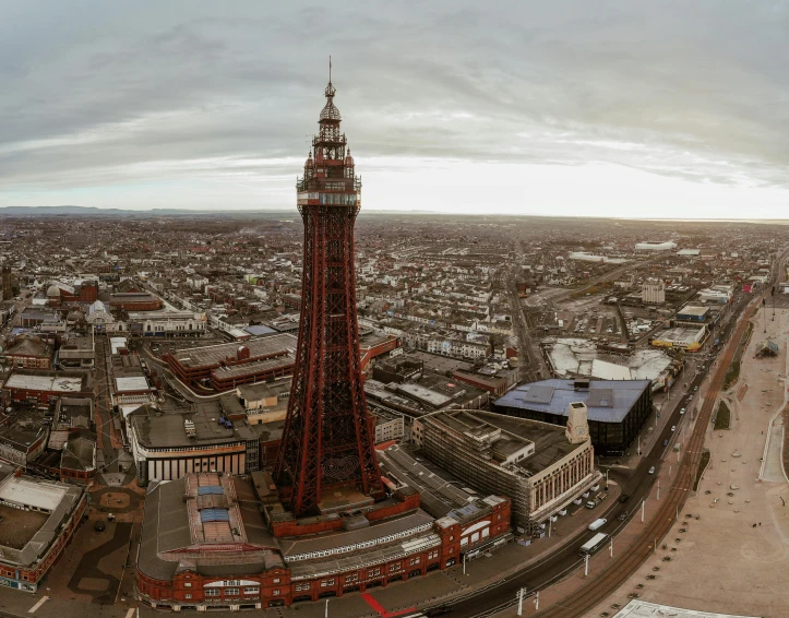 an aerial po of a city skyline with a tower