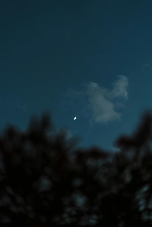 the moon in a clear sky is setting behind trees