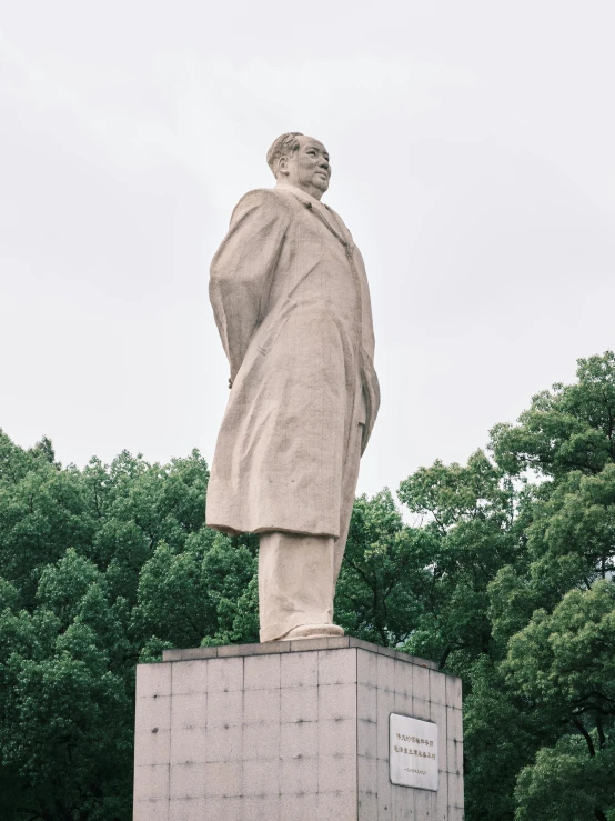 the statue of a man stands in front of a forested area