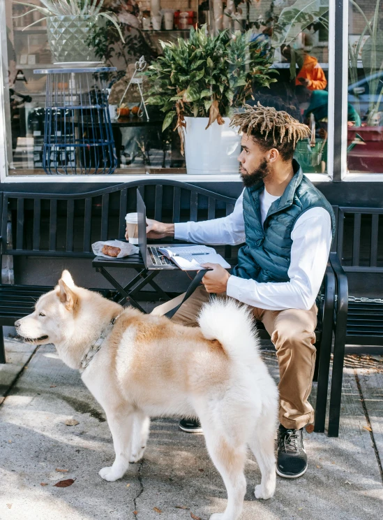 a dog is standing next to a man sitting at a table in front of a restaurant