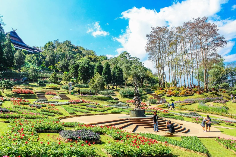 an artistic view of a small park with benches