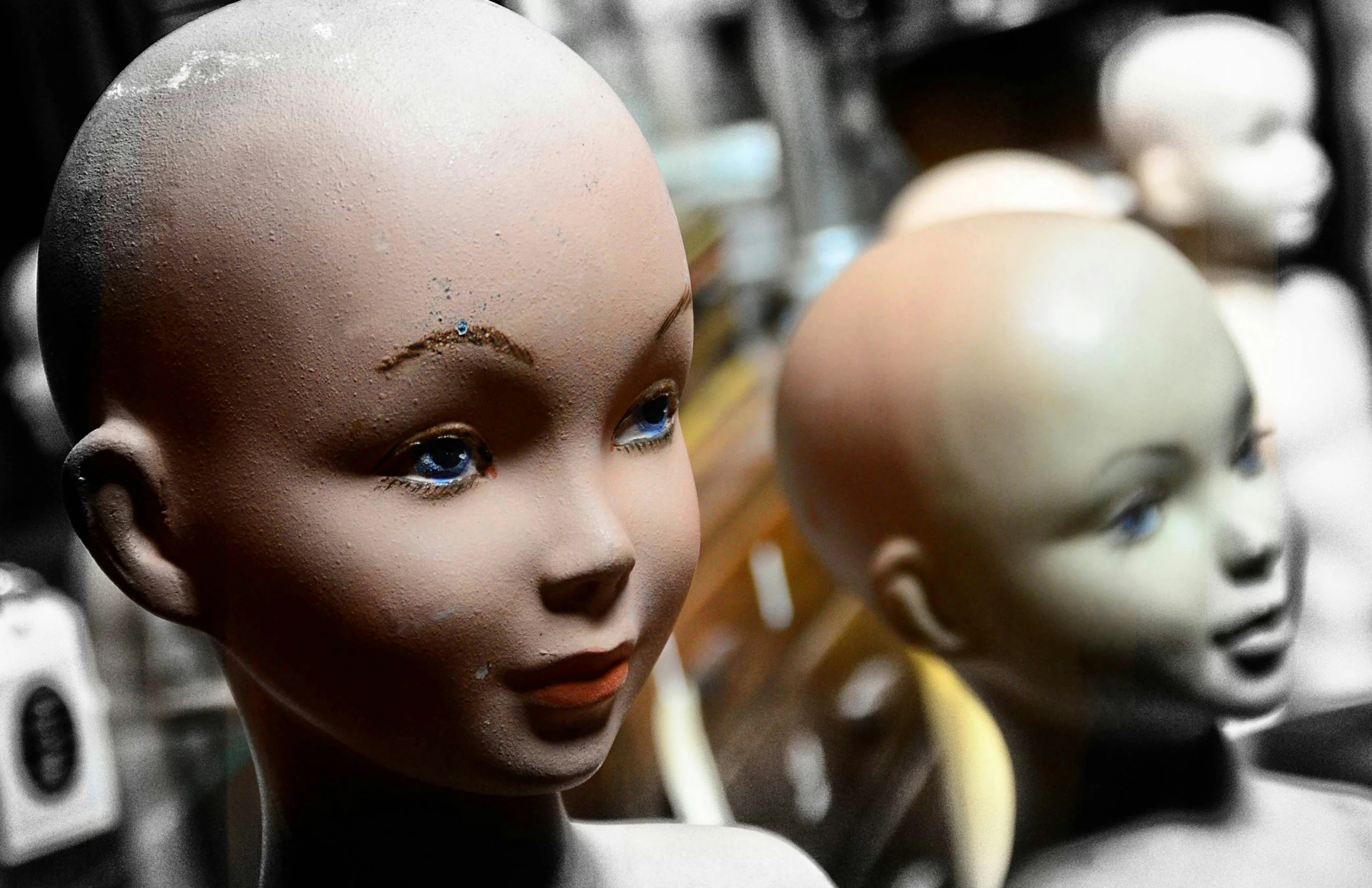 two mannequins of different colored heads in a store window