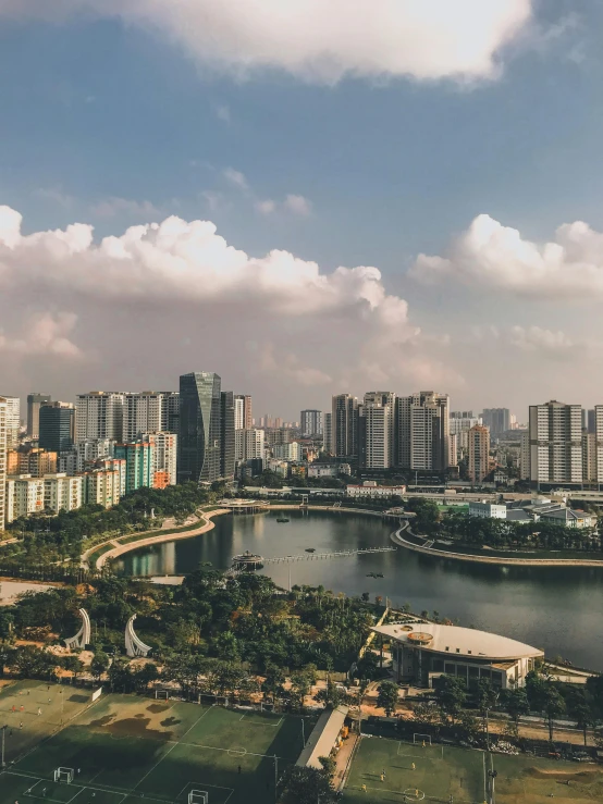 an aerial view of a city and river