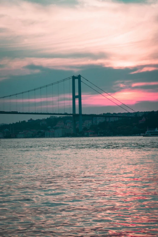 a bridge over a lake under a cloudy sky