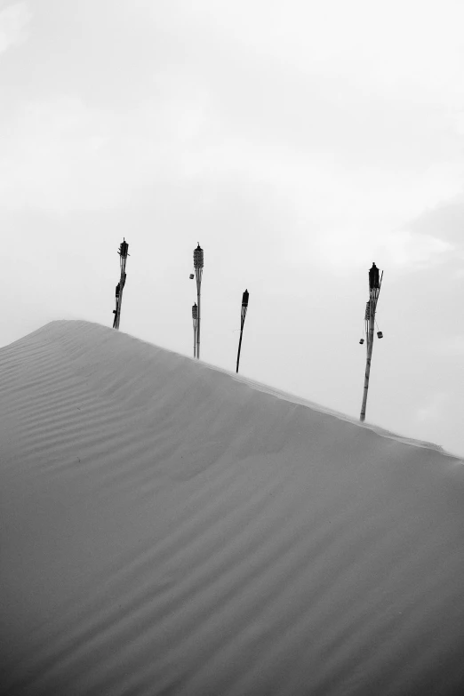 four skis are lined up on the top of a hill