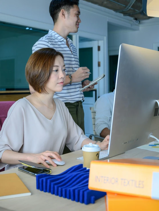 a woman sitting at a desk with a computer monitor