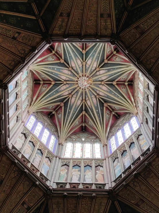 view from inside the church looking up into the vaulted ceiling