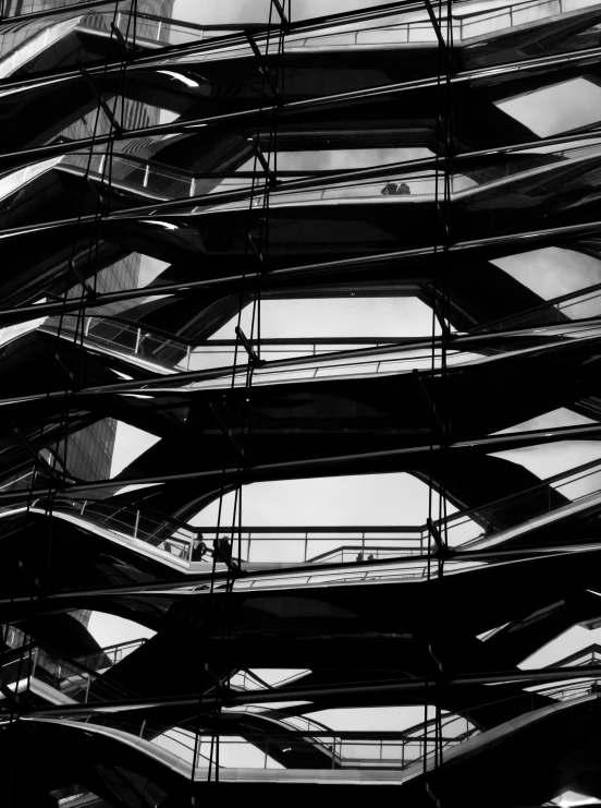 a black and white po of metal and brick structures