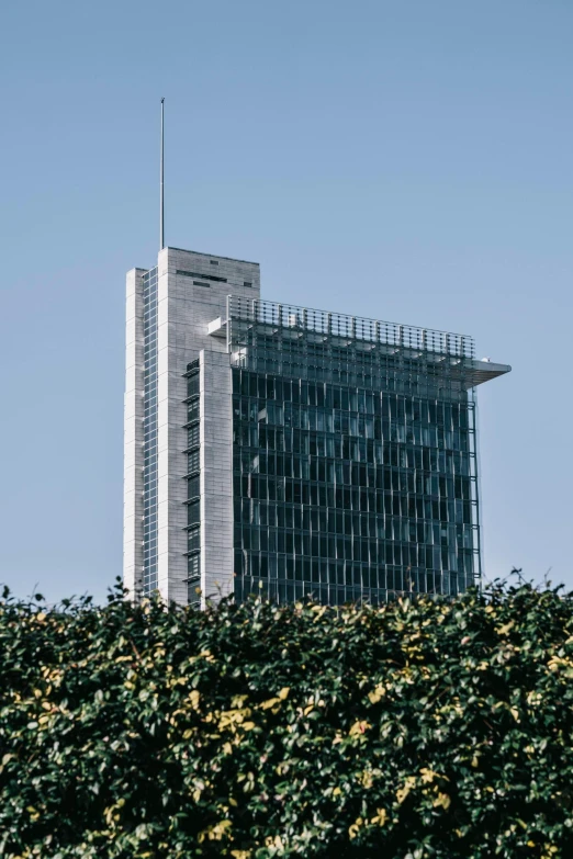 a large skyscr with several glass windows is next to a large bush