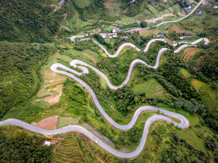 aerial po of a winding winding road with trees and grassy fields