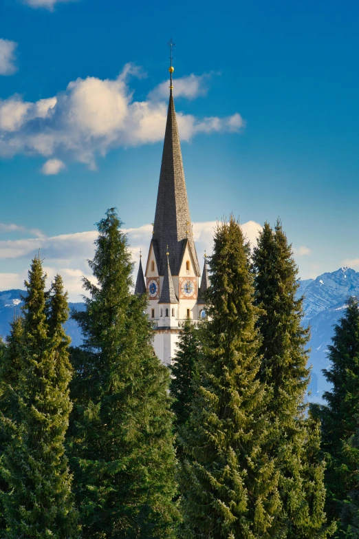 a clock tower on top of a building with tall spires