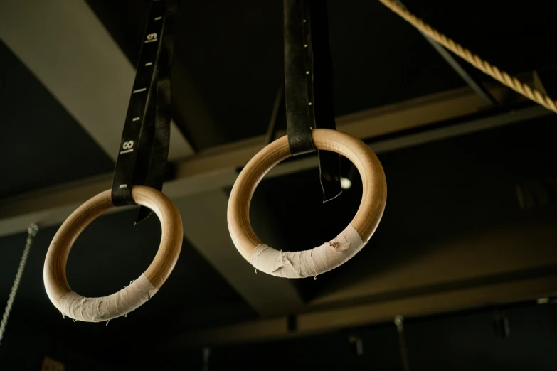two pairs of circular rings hanging from hooks