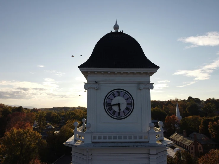 a white clock tower sitting above trees under a blue sky