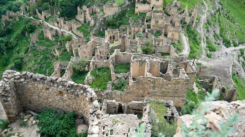 a stone ruins in the mountain with vines