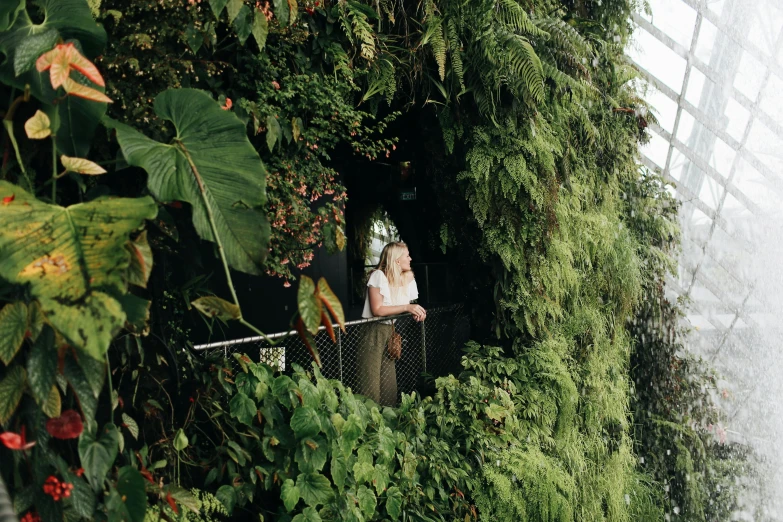 there is a woman standing next to some vegetation