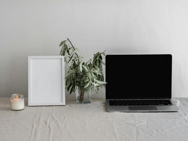 a laptop on a desk next to a plant and a pograph frame