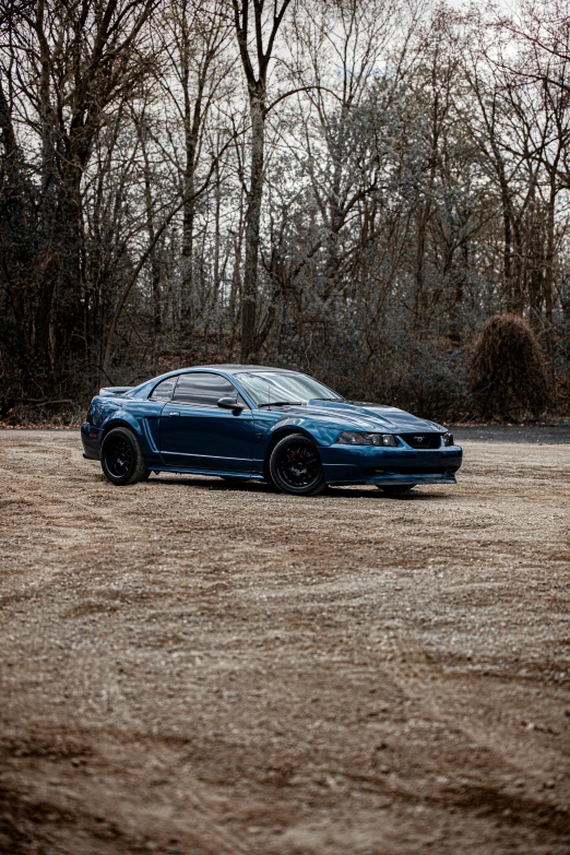 a blue car in a field with trees