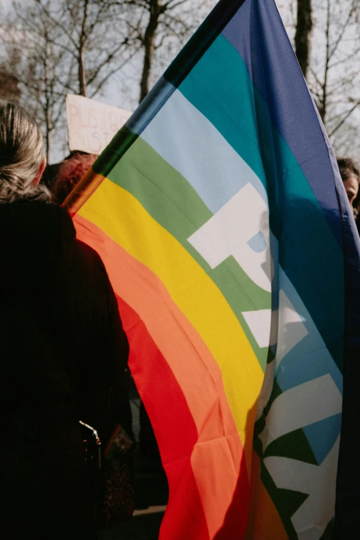 a rainbow - colored flag being held by people