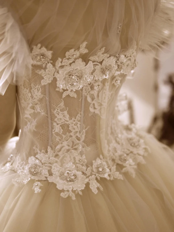 a close up image of a wedding dress on a mannequin