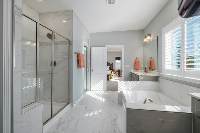 a large modern bathroom is shown in this image