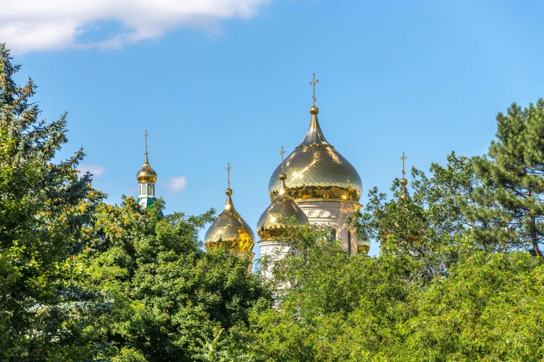 golden domes are on the tops of buildings