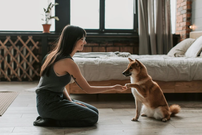 the woman petting her small dog is sitting down