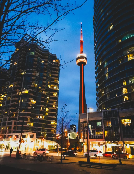 tall buildings and a television tower in the distance