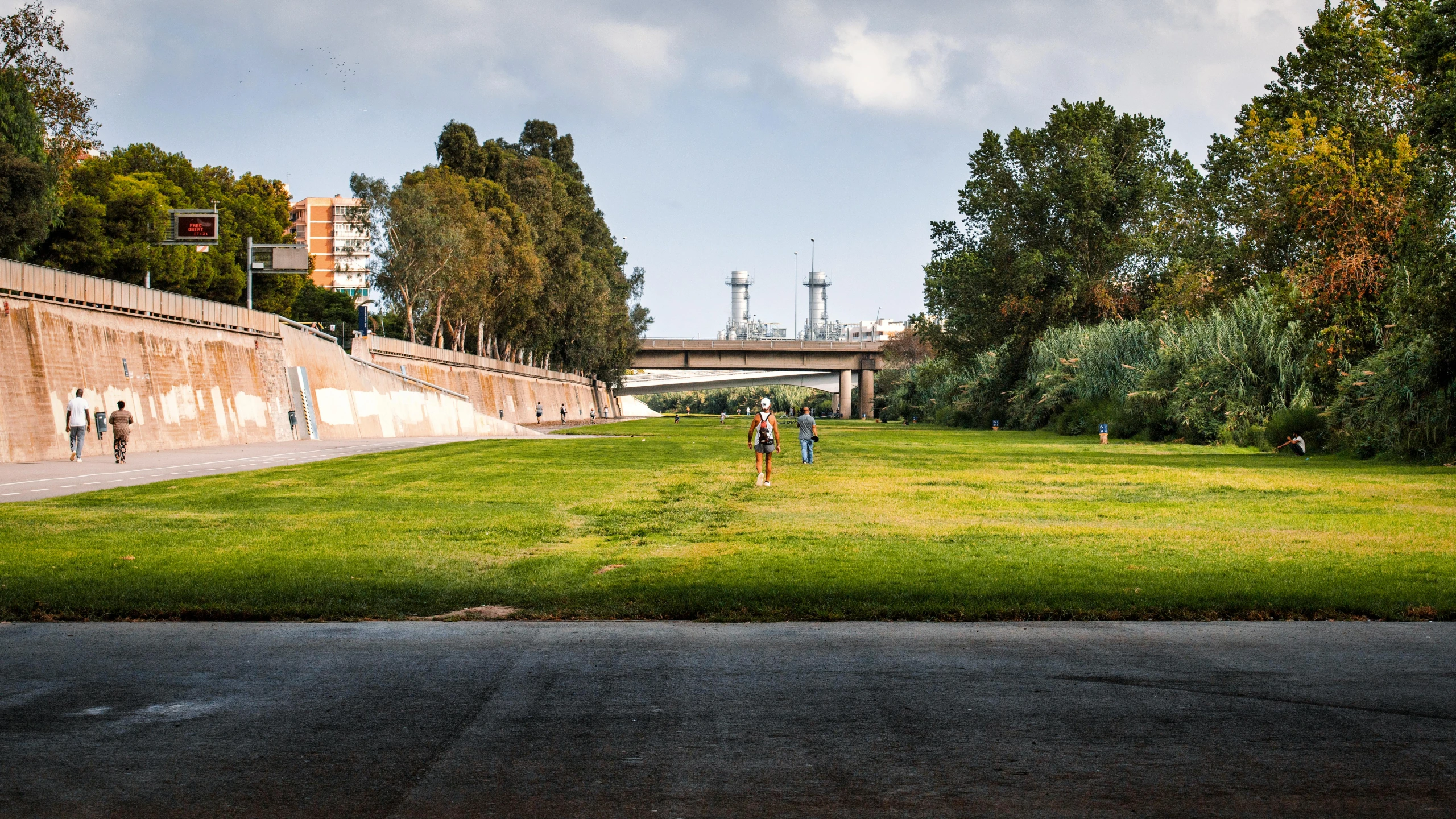 two people are walking in a grass field