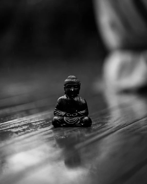 a black and white po of a small buddha